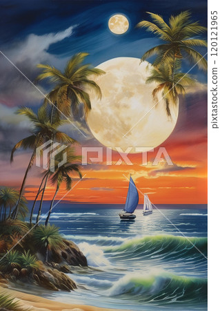 Full moon night, moonlight shining on the sea 120121965