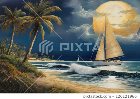 Full moon night, moonlight shining on the sea 120121966