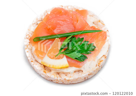 Rice Cake Sandwich with Fresh Salmon, Lemon and Greens - Isolated 120122010