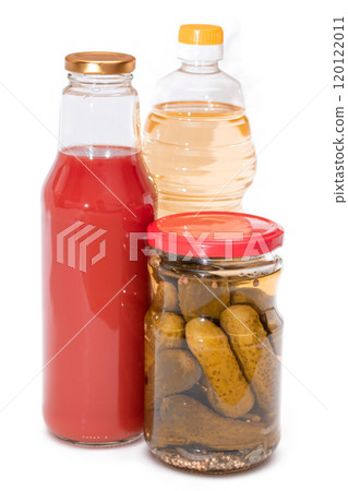 Food Reserves: Canned Food, Sunflower Oil and Tomato Juice - Isolated on White Background 120122011