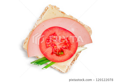 Rice Cake Sandwich with Tomato, Sausage, Green Onions and Cheese - Isolated 120122078