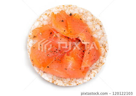 Rice Cake Sandwich with Fresh Salmon Slices Isolated on White 120122103