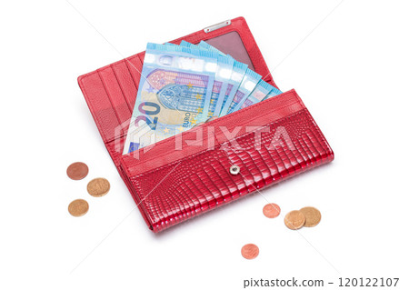 Opened Red Women Purse with 20 Euro Banknotes Inside and Scattered Euro Cent Coins Opened Red Women Purse with 20 Euro Banknotes Inside and Scattered Euro Cent Coins 120122107