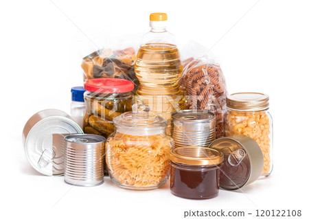 Food Reserves: Canned Food, Spaghetti, Pate, Tuna, Tomato Juice, Pasta, Fish and Grocery - Isolated Food Reserves: Canned Food, Spaghetti, Pate, Tuna, Tomato Juice, Pasta, Fish and Grocery - Isolated 120122108
