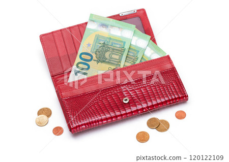 Opened Red Leather Women Purse with One Hundred Euro Banknotes Inside and Euro Cent Coins Opened Red Leather Women Purse with One Hundred Euro Banknotes Inside and Euro Cent Coins 120122109