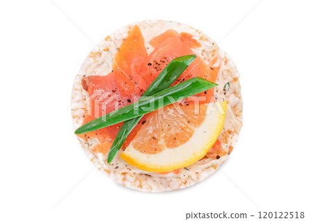 Rice Cake Sandwich with Fresh Salmon, Lemon and Green Onions - Isolated Rice Cake Sandwich with Fresh Salmon, Lemon and Green Onions - Isolated 120122518