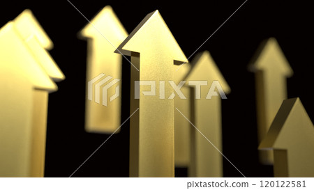 The gold arrow up on black background 3d rendering. The gold arrow up on black background 3d rendering. 120122581