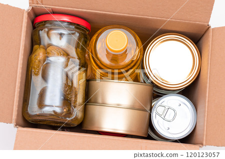 Carton Box with Canned Food, Cereals and Grocery - Donation Box or Food Reserves 120123057