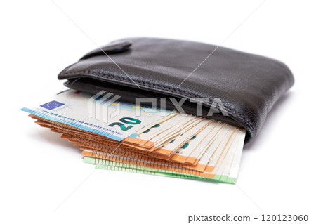Black Leather Men Wallet with Euro Banknotes Inside - Isolated on White 120123060