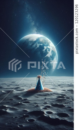 A lone party hat floats weightlessly above the lunar surface, with Earth rising in the background. 120123296