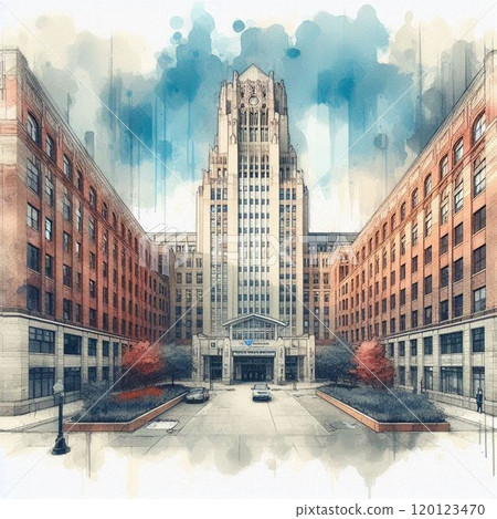 Watercolor illustration of a building 120123470