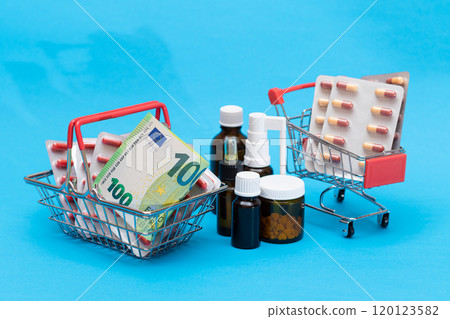 Pills and Capsules in Shopping Cart on Blue Background 120123582