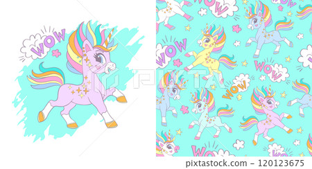 Cute cool unicorn illustration and seamless pattern vector set 120123675