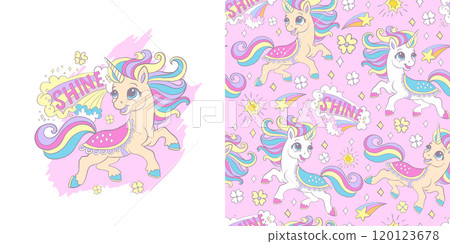 Cute shine unicorn illustration and seamless pattern vector set 120123678