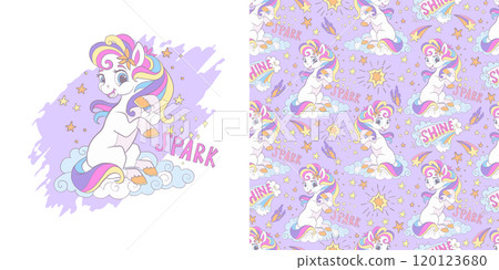 Cute sitting unicorn illustration and seamless pattern vector Cute sitting unicorn illustration and seamless pattern vector 120123680