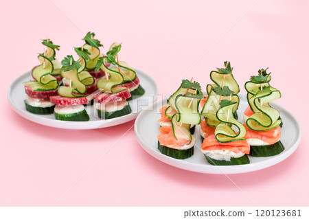 Canapes without Bread with Fresh Salmon, Salami, Cucumber, Greens and Cream Cheese 120123681