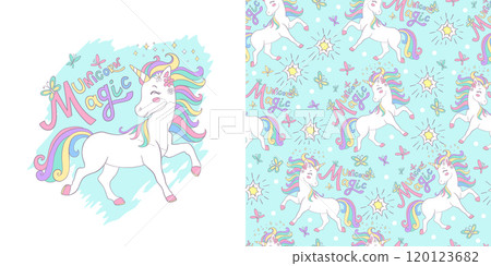 Magic unicorn illustration and seamless pattern vector 120123682