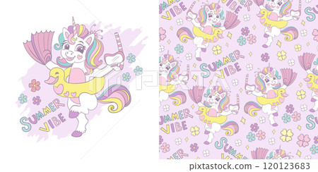 Cute unicorn illustration in dress and seamless pattern vector Cute unicorn illustration in dress and seamless pattern vector 120123683