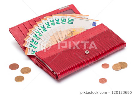 Opened Red Women Purse with 50 Euro Banknotes Inside and Scattered Euro Cent Coins Opened Red Women Purse with 50 Euro Banknotes Inside and Scattered Euro Cent Coins 120123690