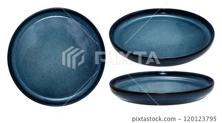 A beautiful blue porcelain plate isolated on a white background. Photo from different angles. A beautiful blue porcelain plate isolated on a white background. Photo from different angles. 120123795
