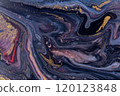 An abstract texture made from acrylic paint with purple, red, black, and gold mixed colors. 120123848