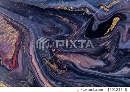 An abstract texture made from acrylic paint with purple, red, black, and gold mixed colors. An abstract texture made from acrylic paint with purple, red, black, and gold mixed colors. 120123848