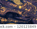 An abstract texture made from acrylic paint with purple, red, black, and gold mixed colors. 120123849