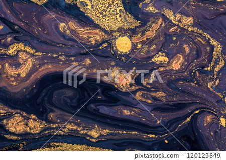 An abstract texture made from acrylic paint with purple, red, black, and gold mixed colors. 120123849