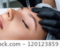 A beautician gives a woman a Botox injection. A procedure for beauty and rejuvenation. 120123859