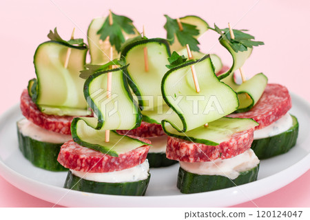 Canapes without Bread with Salami, Cucumber, Greens and Cream Cheese on White Plate Canapes without Bread with Salami, Cucumber, Greens and Cream Cheese on White Plate 120124047