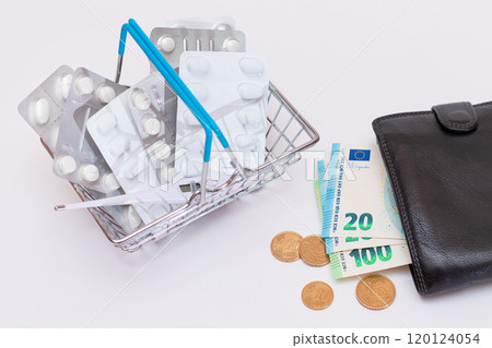 Pills and Capsules in a Shopping Basket and Black Wallet with Euro Money 120124054