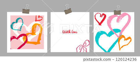 Valentines Day mockup scrapbook on gray wall. romantic pink frame sticker template. For flyer store social media banner. Vector illustration. 120124236