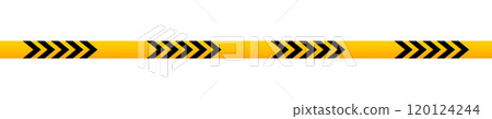Caution tape with black and orange chevron print. Warning barrier in quarantine site, construction work area or crime scene. Restricted, hazard, warn or forbidden sign. Vector flat illustration Caution tape with black and orange chevron print. Warning barrier in quarantine site, construction work area or crime scene. Restricted, hazard, warn or forbidden sign. Vector flat illustration 120124244