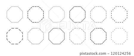 Octagon or honeycomb shapes with dashed lines. Dotted geometric figures isolated on white background. Cut here pictograms. Vector outline illustration 120124256
