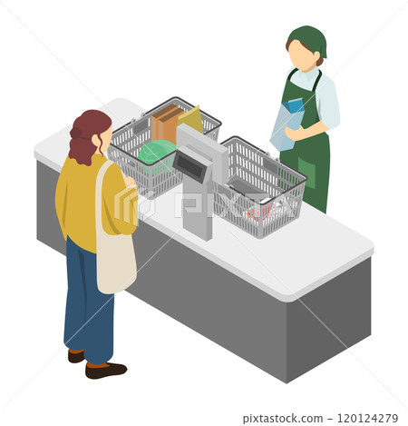Isometric illustration: supermarket clerk and customer 120124279