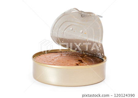 Opened Tin Can with Chicken Liver Pate Isolated on White Background 120124390