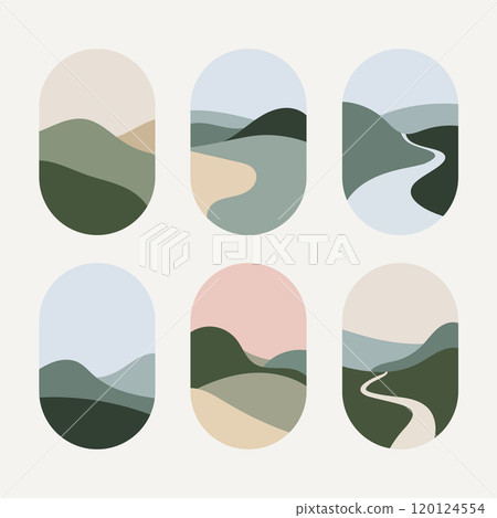 Vector illustration. An illustration with soft pastel shades depicting rolling landscapes with winding rivers. This design with oval shapes creates the effect of natural tranquility and freshness. Vector illustration. An illustration with soft pastel shades depicting rolling landscapes with winding rivers. This design with oval shapes creates the effect of natural tranquility and freshness. 120124554