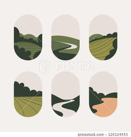 Vector illustration. Minimalistic illustration of nature with green hills and fields. Oval shapes with soft natural shades convey calmness and harmony, creating an atmosphere of coziness. Vector illustration. Minimalistic illustration of nature with green hills and fields. Oval shapes with soft natural shades convey calmness and harmony, creating an atmosphere of coziness. 120124555