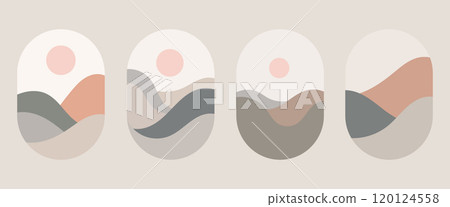 Vector illustration. The silhouette of the city looks like smooth lines with a rosy sun in the background. The pastel decor creates an impression of calm and harmony. Vector illustration. The silhouette of the city looks like smooth lines with a rosy sun in the background. The pastel decor creates an impression of calm and harmony. 120124558