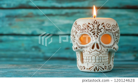 A decorative skull candle illuminated against a rustic wooden backdrop A decorative skull candle illuminated against a rustic wooden backdrop 120124628