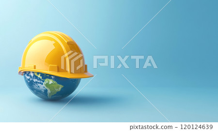 A globe wearing a yellow hard hat, symbolizing construction, safety 120124639