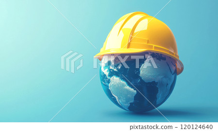 A globe wearing a yellow hard hat symbolizing construction and global development 120124640