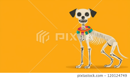 A playful skeleton dog with a vibrant collar against a bright orange background 120124749