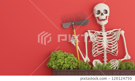 A playful skeleton gardener holding a rake, surrounded by vibrant plants against a bright red background 120124750