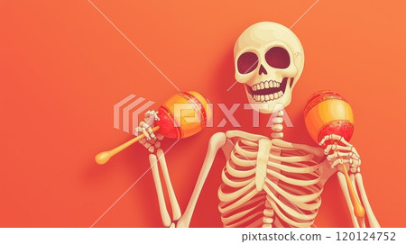 A playful skeleton happily playing maracas, Halloween or festive themes against a vibrant orange background. 120124752