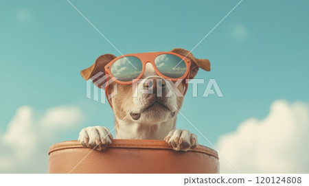 A stylish dog with sunglasses lounges in a sunny outdoor setting A stylish dog with sunglasses lounges in a sunny outdoor setting 120124808