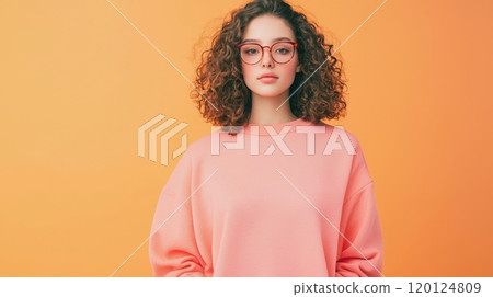 A stylish woman in a pink sweatshirt with curly hair poses confidently against an orange background 120124809