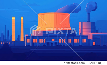 A stylized illustration of an industrial power plant at dusk, featuring cooling towers and emissions against a vibrant blue backdrop. 120124810