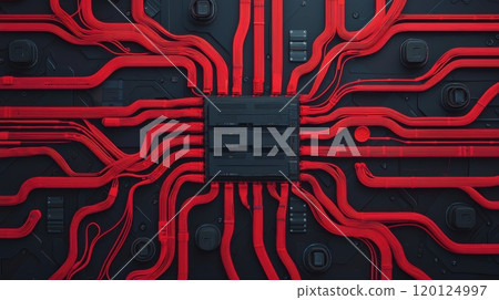 Abstract close-up of intricate circuitry with red lines on a dark background Abstract close-up of intricate circuitry with red lines on a dark background 120124997