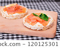 Rice Cake Sandwiches with Fresh Salmon, Cucumber, Lemon and Greens 120125301